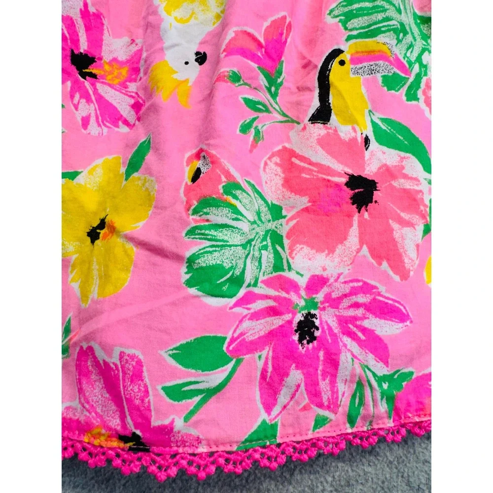 Tommy Bahama Tropical Floral‎ Sundress Size 4 Pink Toucan Parrot Crochet Trim